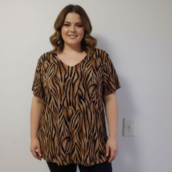 Nexxen Plus Size 2X Animal Print Top Brown Black Blouse Short Sleeve Curvy - Picture 1 of 6